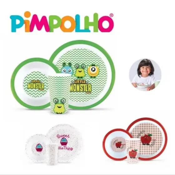 Kit Alimentação 3 Peças Prato Raso, Tigela e Copo Pimpolho. Podem ir ao Microondas e Freezer.