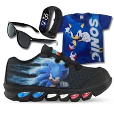 Kit Tênis Sonic  Com Led Infantil Menino + Camisa,Relógio e Óculos presente dia das crianças