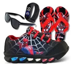 Kit Tênis Menino do Homem Aranha com Led + Chinelo,Relógio e Óculos presente dia das crianças