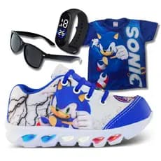 Kit Tênis Sonic Infantil Menino com Luzinhas Coloridas + Relógio,Óculos e Camisa presente dia das crianças