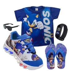 Kit tenis de Led infantil Sonic masculino mais chinelo mais camisa mais relogio e oculos  presente natal
