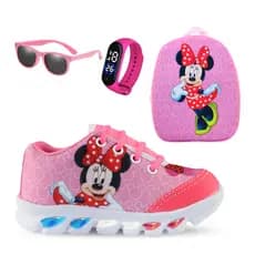 Tênis de Led Infantil Feminino Minnie com Mochila Relógio e Óculos presente dia das crianças