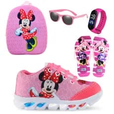 Tênis Infantil Feminino Minnie mais Chinelo Com Mochila Relógio e Oculos presente natal