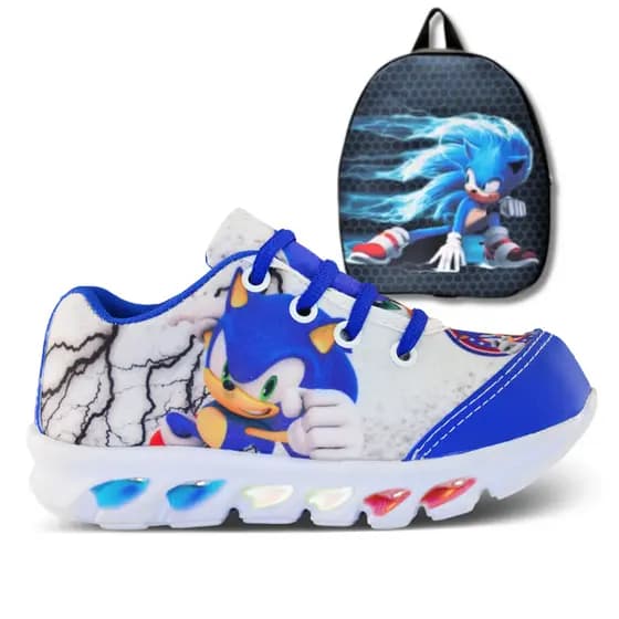Kit Tênis Sonic Infantil com Led Coloridas e Mochila presente dia das crianças