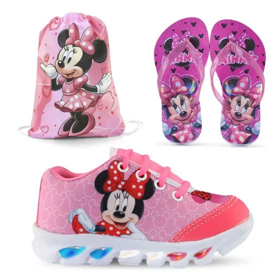 Kit Tênis de Led da Minnie Mochila e Chinelo Divertido e Temático