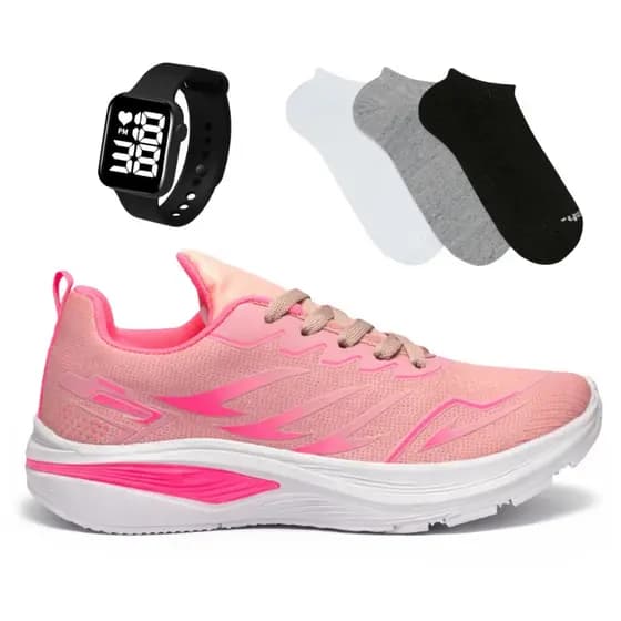 Kit Tênis Feminino com Relógio e Meia para Esporte ao Ar Livre e Uso Casual