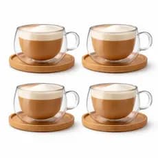 Xicaras Vidro Duplo 140ml Com Pires Caneca Parede Dupla 4un