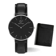 Relógio Masculino Analógico Preto Casual New Port + Carteira Couro
