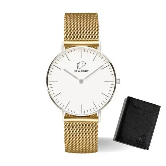 Relógio de Pulso Masculino Dourado New Port + Carteira Couro