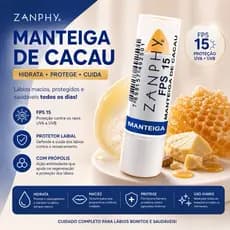 Manteiga de Cacau Zanphy FPS 15 | Protetor Labial com Própolis | 4g