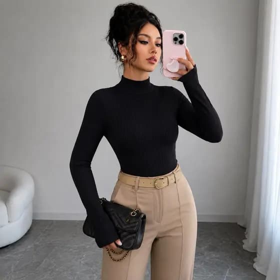 Blusa Feminina Manga Longa Cacharrel Blusa Feminina Inverno Gola Alta