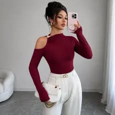 Blusa Feminina Ombro Vazado Com argola Dourada Blusa Feminina Manga Longa Moderna