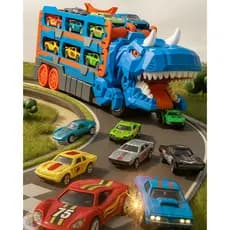 Caminhão Dinossauro De Engolir Carrinho Com Pista de Corrida Cegonha com 6 Carrinhos - SOMENTE AZUL
