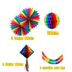 Kit 5 enfeite para festa junina  ( 2 leque 50cm ,1 bola 20 cm ou 25 cm ,1 balão com Rabinho tamahnho 30cm ,1 Cordão )