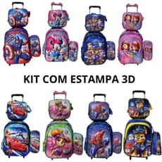 Mochila Infantil Escolar De Rodinha Kit Com Lancheira E Estojo Persongens Menina Menino