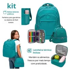 Mochila Tactel Alças Reforçada Juvenil Adulto + Lancheira Térmica + Estojo Organizador