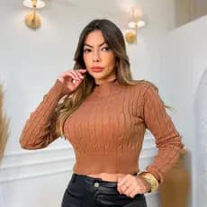 Cropped Tricot Modal Feminina Gola Alta Manga Longa Modelo Tranças
