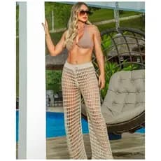 Calça Saída de Praia Longa Feminina Tricot Tendência Moda Verão Casual Confortável Elegante Vazada
