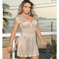 Saída de Praia Feminina Tricô Aberturas Laterais Amarração Cintura Laço Moda Primavera Verão