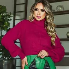 Blusa Feminina Tricot Blogueira Gola Alta Manga Longa Bufante Moda Inverno Detalhes Frontais