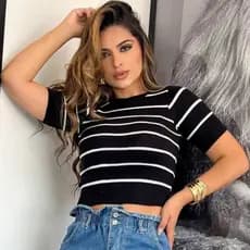 Blusa Feminina Básica Cropped Manga Curta Casual Listrada Leve Confortável Alta Qualidade Moda Primavera Verão