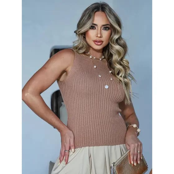 Blusa Feminino Tricot Modal Confortável Sem Mangas Moda Primavera Verão Cropped Elegante
