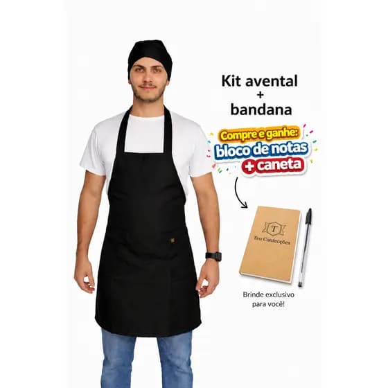 Kit Avental de Cozinha + Bandana Oxford Uniforme Profissional Chef Restaurante Lanchonete Padaria Bar Unissex