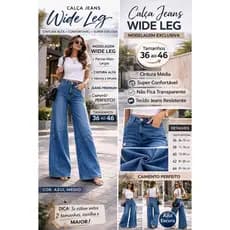 Calça Jeans Wide Leg Feminina Cintura Alta Perna Larga 36 ao 46 + Wide Leg + Jeans Feminino + Confortável + Cintura alta