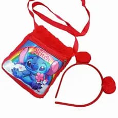 Kit Bolsa + Tiara de Menina Infantil Princesas Minnie Stitch Rosa Vermelha Presente Dia Das Crianças