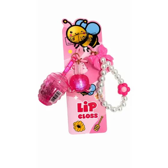 Gloss De Pulseira Com Chaveiro Colmeia Rosa e Urso Infantil Mundo Rosa