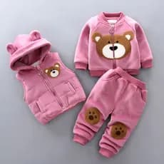 Meninos do bebê urso desenho animado colete quente+casaco+calças ternos 3pcs meninas roupas de inverno1-4 anos