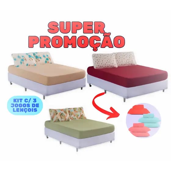 Kit com 3 Jogo de Lençol Casal 3 peças Malha 100% algodão com elástico (9 peças)