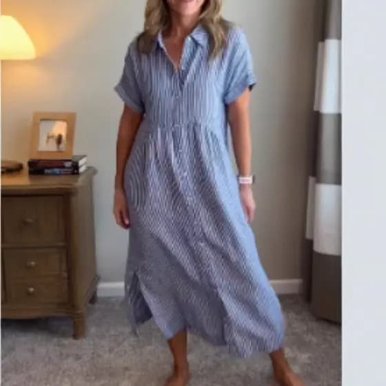 Solto tamanho grande listrado camisa de manga curta vestido feminino Casual algodão linho saia de comprimento médio