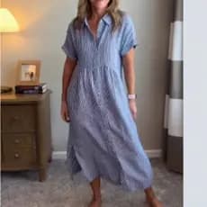 Solto tamanho grande listrado camisa de manga curta vestido feminino Casual algodão linho saia de comprimento médio