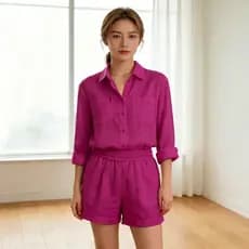 Terno feminino cardigã de cor sólida camisa de manga comprida + Shorts soltos