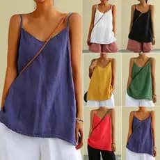 Camisola feminina solta de algodão e linho sem mangas