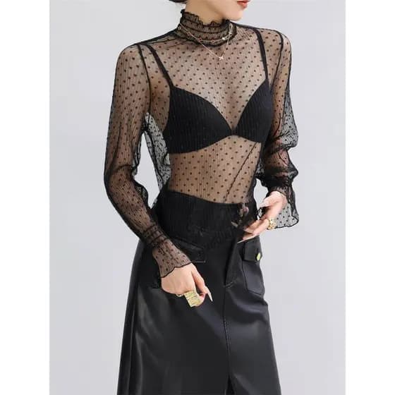 Preto bolinhas em camadas trompete manga transparente gaze topo de alta qualidade preto renda camisa de fundo feminino g