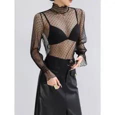 Preto bolinhas em camadas trompete manga transparente gaze topo de alta qualidade preto renda camisa de fundo feminino g