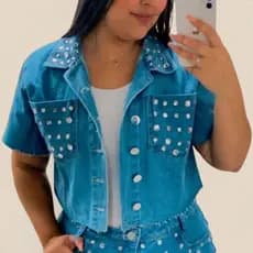 Jaquetinha Feminina Jeans Com Detalhes Em Pedras Verão