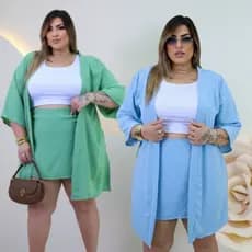 Conjunto Plus Size Feminino Short Saia E Kimono