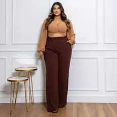Calça Feminina Pantalona Plus Size Forrada Cintura Alta