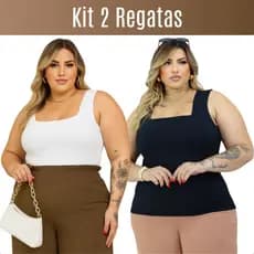 Kit 2 Blusas Regatas Plus Size Malha Canelada Moda Feminina Elegante Básica Casual Confortável