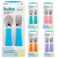 Kit Talher Infantil Bebe Colher e Garfo Aço Inox Formato Anatômico Buba Zoo