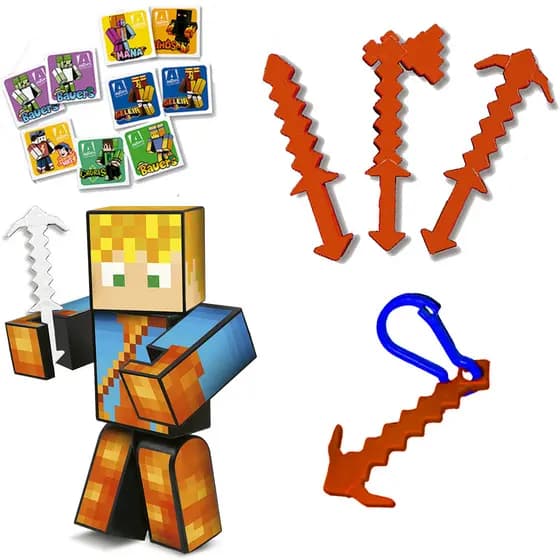 Lopers Boneco 15cm Gamer Skin Articulado Jogo Da Memória + 3 Chaveiros Ferramentas Espada Machado Picareta