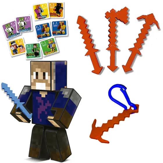 Boneco 15cm Tonigon Gamer Skin Articulado Jogo Da Memória + 3 Chaveiros Ferramentas Espada Machado Picareta