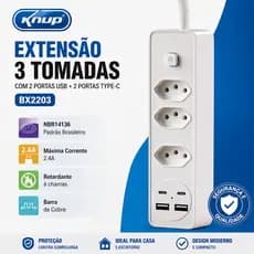 Extensão 3 Tomadas Knup BX2203 com 2 USB + 2 Type-C Bivolt Interruptor e Proteção Contra Sobrecarga
