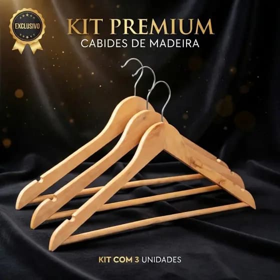 Cabide De Madeira Marfim Verniz Roupa Adulto Calça Kit com 3 Peças