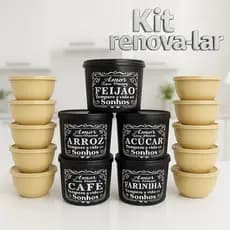 Kit Renova Lar 10 Peças – Potes de Mantimentos 2 L + Bowls 600 ml Herméticos Pretos Personalizado Textura
