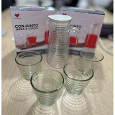 Jogo de Jarra c/ 4 Copos de Vidro Sucos Bebidas Jarra com Alça e Tampa