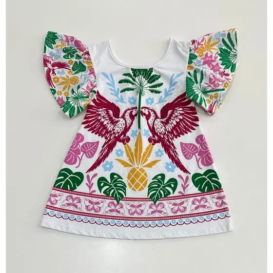 Vestido Infantil Nanai Branco Estampa Tropical com Araras e Borboletas
